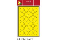 Print etikety A4 pro laserový tisk - fluorescentní - kulaté prům.40 mm ( 24 etiket / arch) fluorescentní žlutá